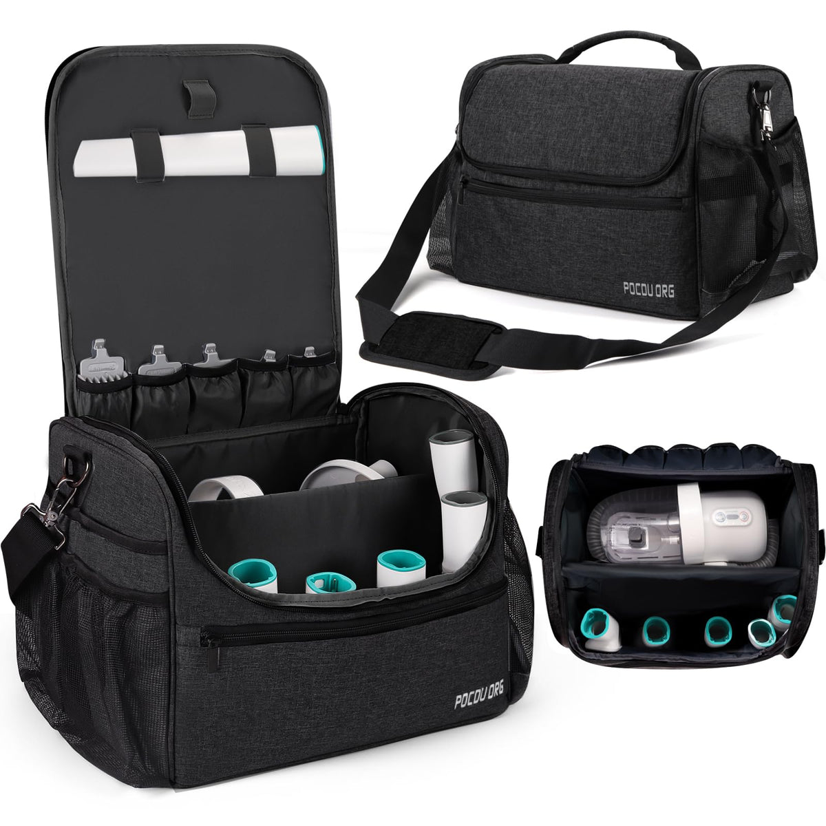 POCDUORG pet travel grooming organizer bag in black front view for easy on-the-go grooming
