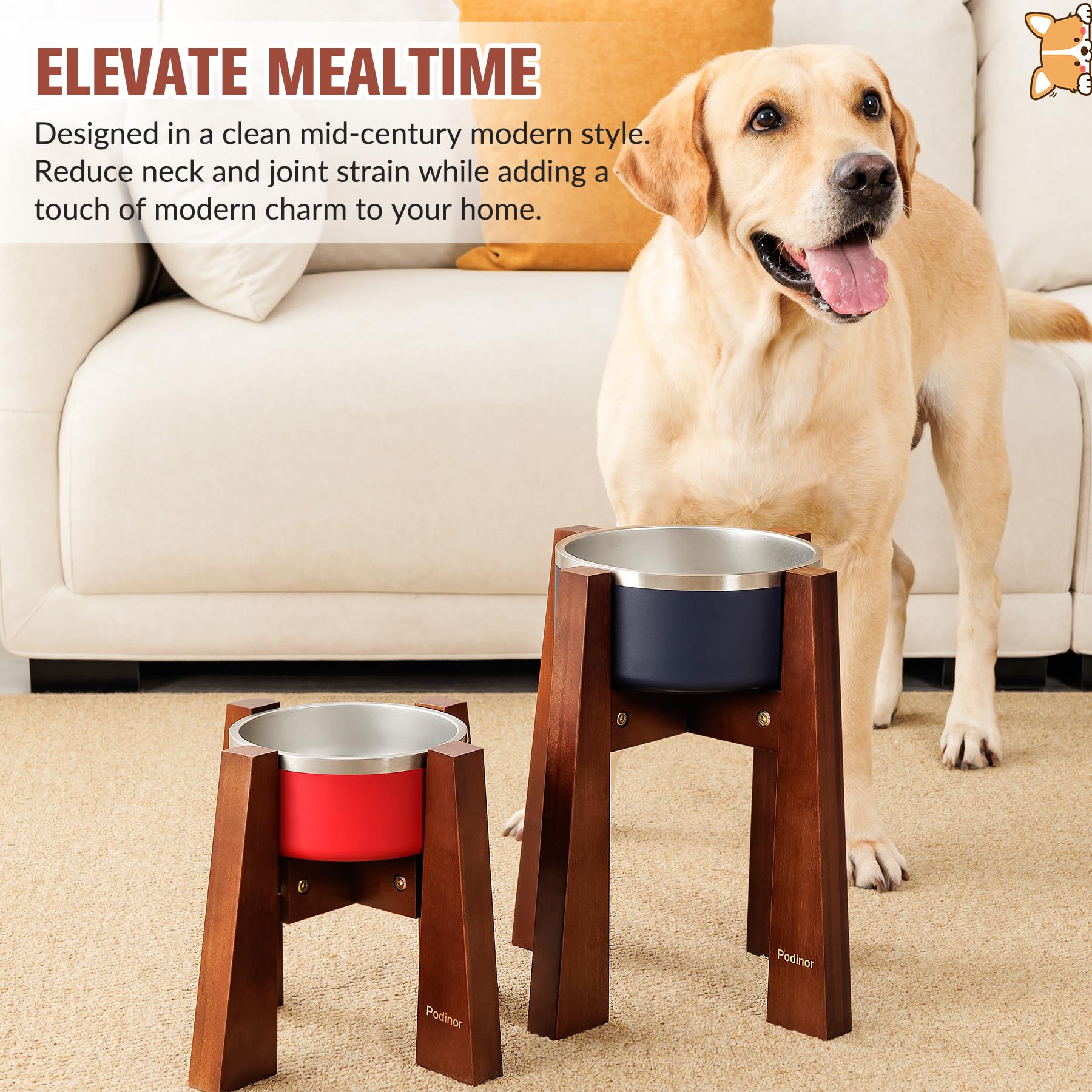 Podinor elevated dog bowl stand cleaning finish emphasizes easy maintenance.