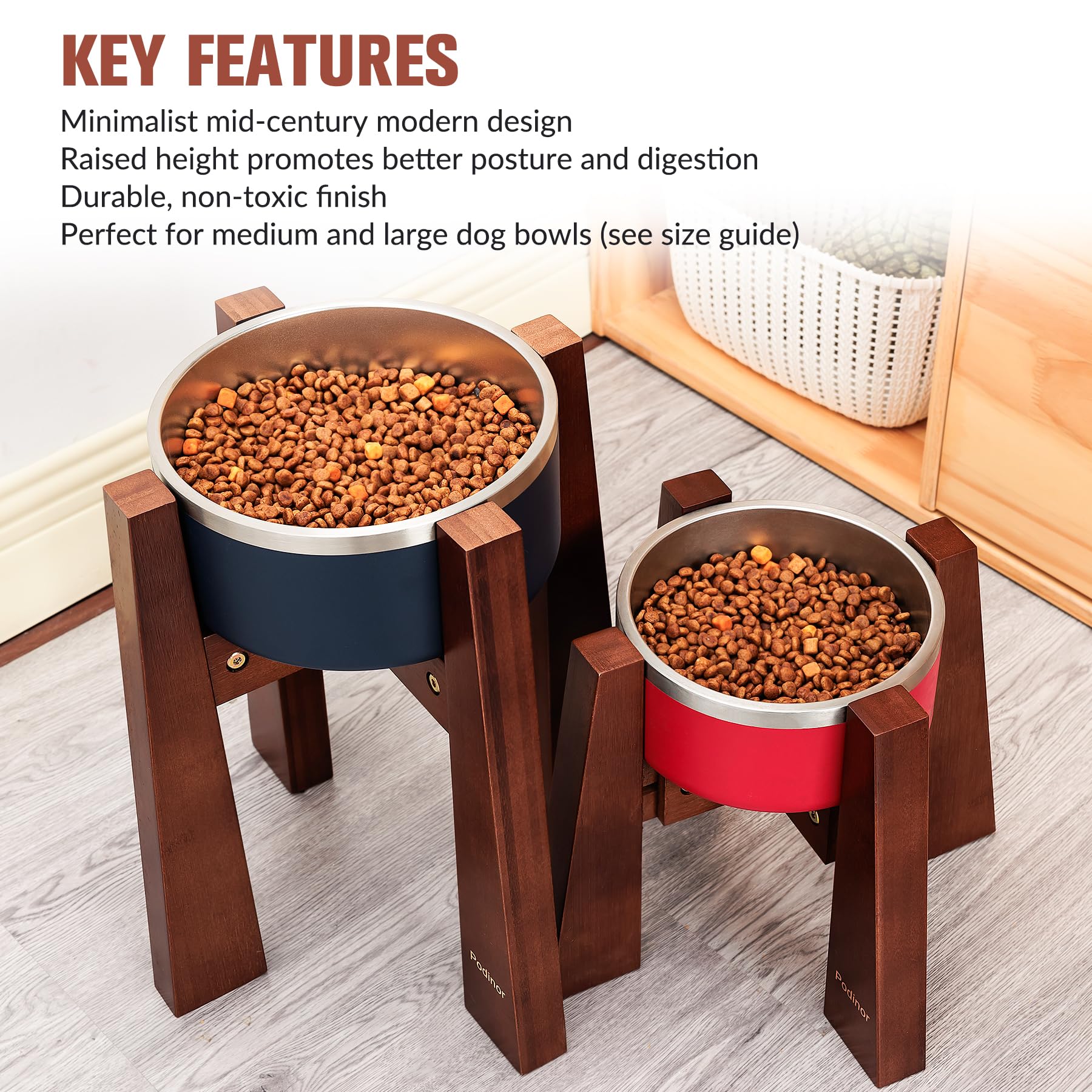 Podinor elevated dog bowl stand modern silhouette in living room complements decor.