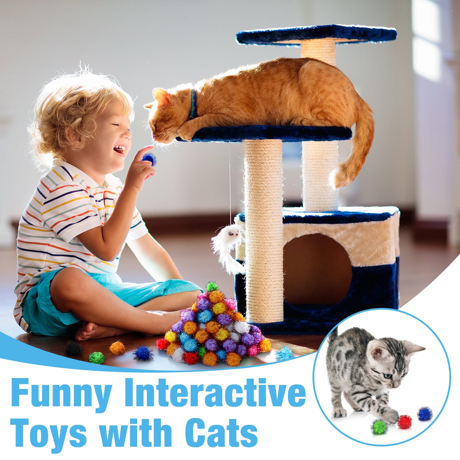 Poen cat balls with colorful tinsel for interactive fun