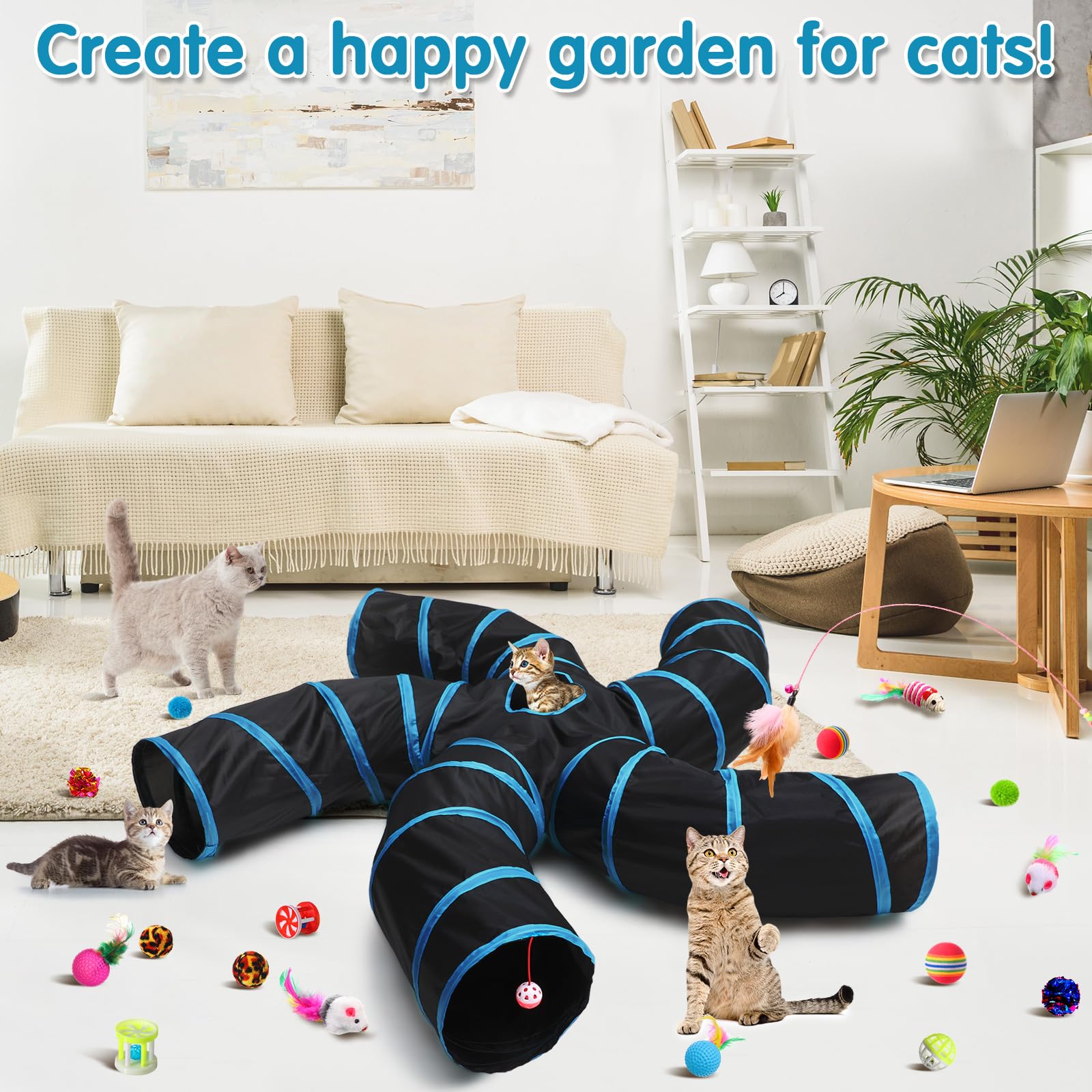 Poen cat tunnel entry with mouse toy for curious kitten exploration
