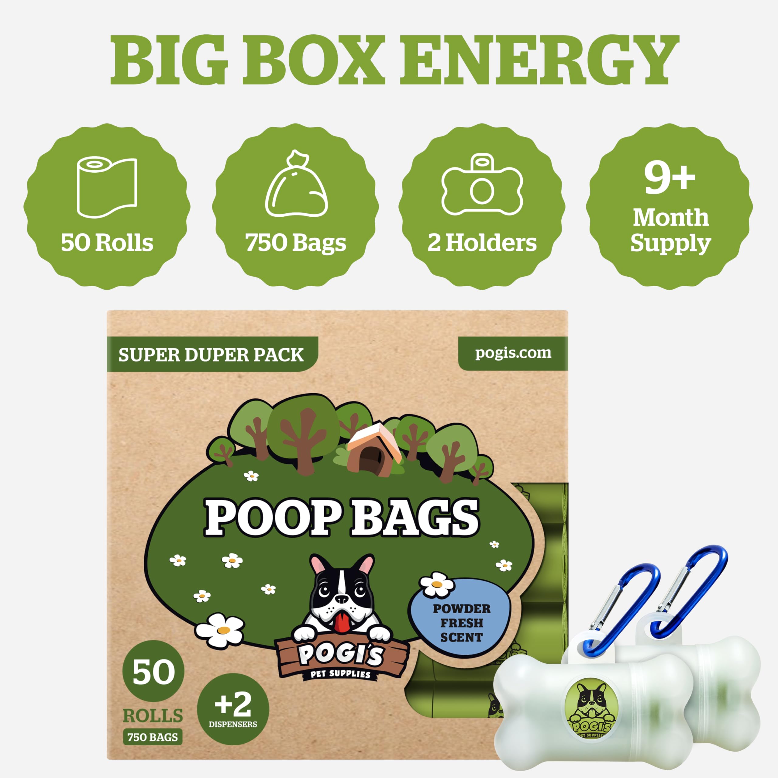 Pogi’s 50 rolls and 750 bags offer a long-lasting supply