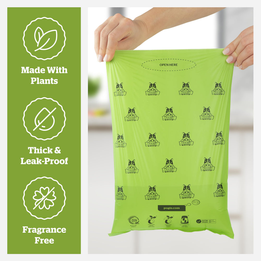 Pogi's compostable poop bags with leak-proof construction for mess containment