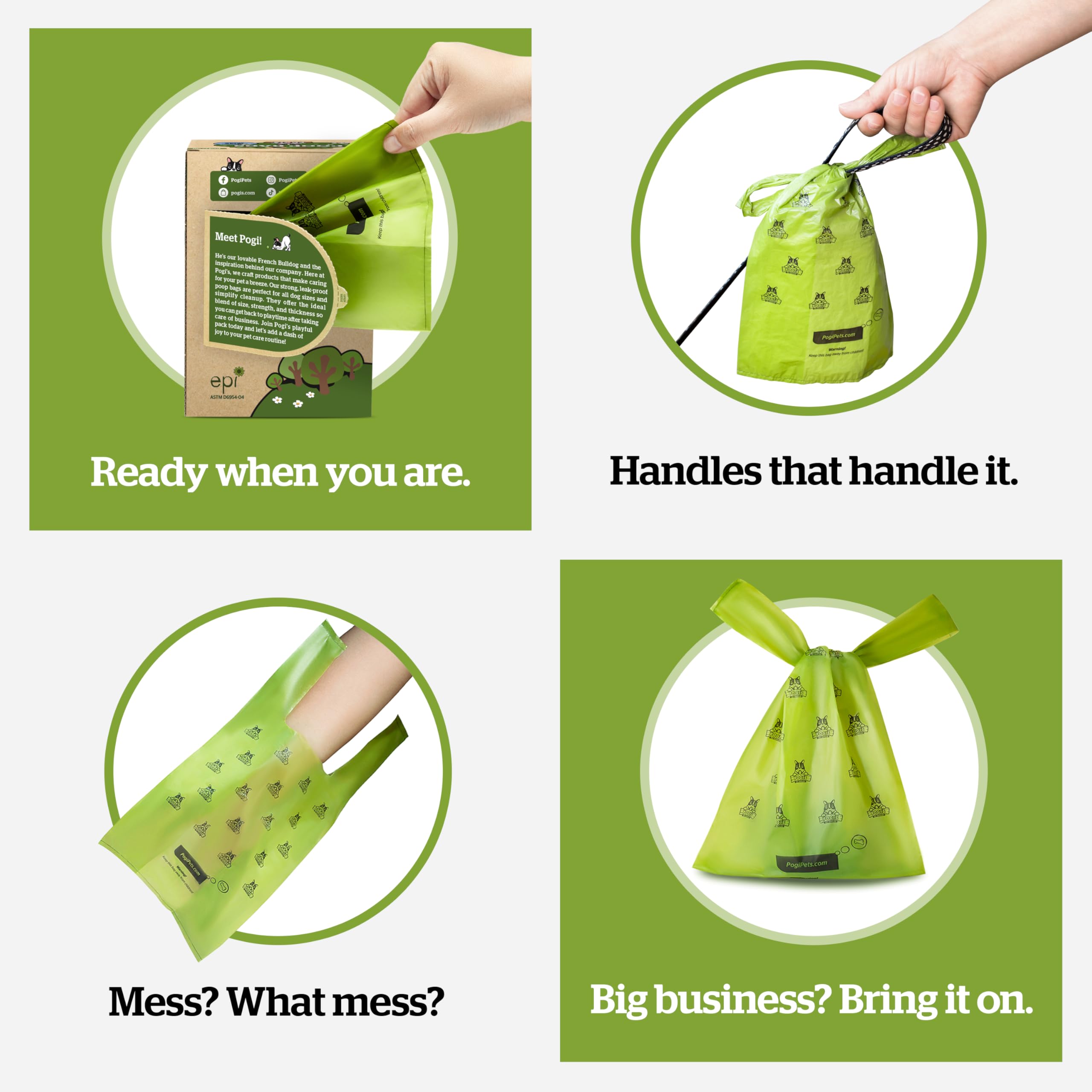 Pogi’s Dog Poop Bags in a flat box dispensing system for organized access.