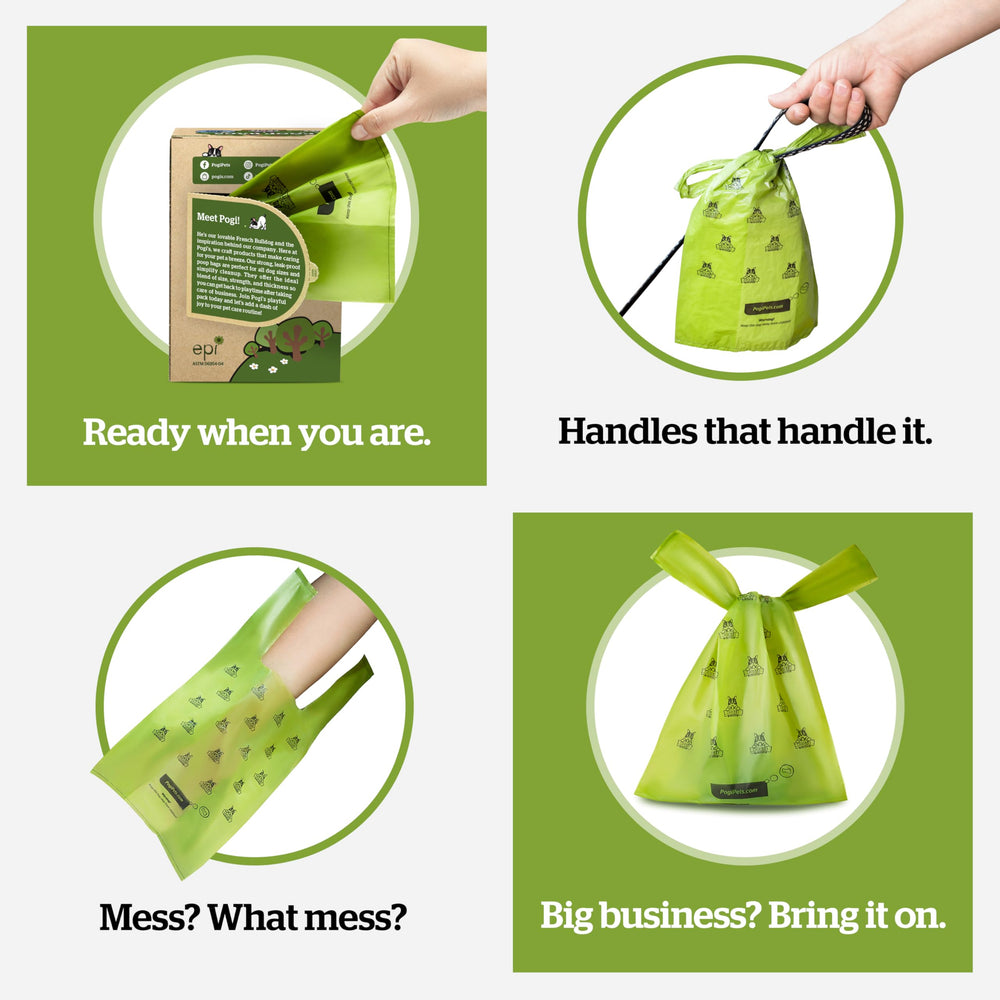 Pogi’s Dog Poop Bags in a flat box dispensing system for organized access.
