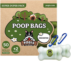 Pogi's Dog Poop Bags roll with easy-tear design for quick cleanup on walks.