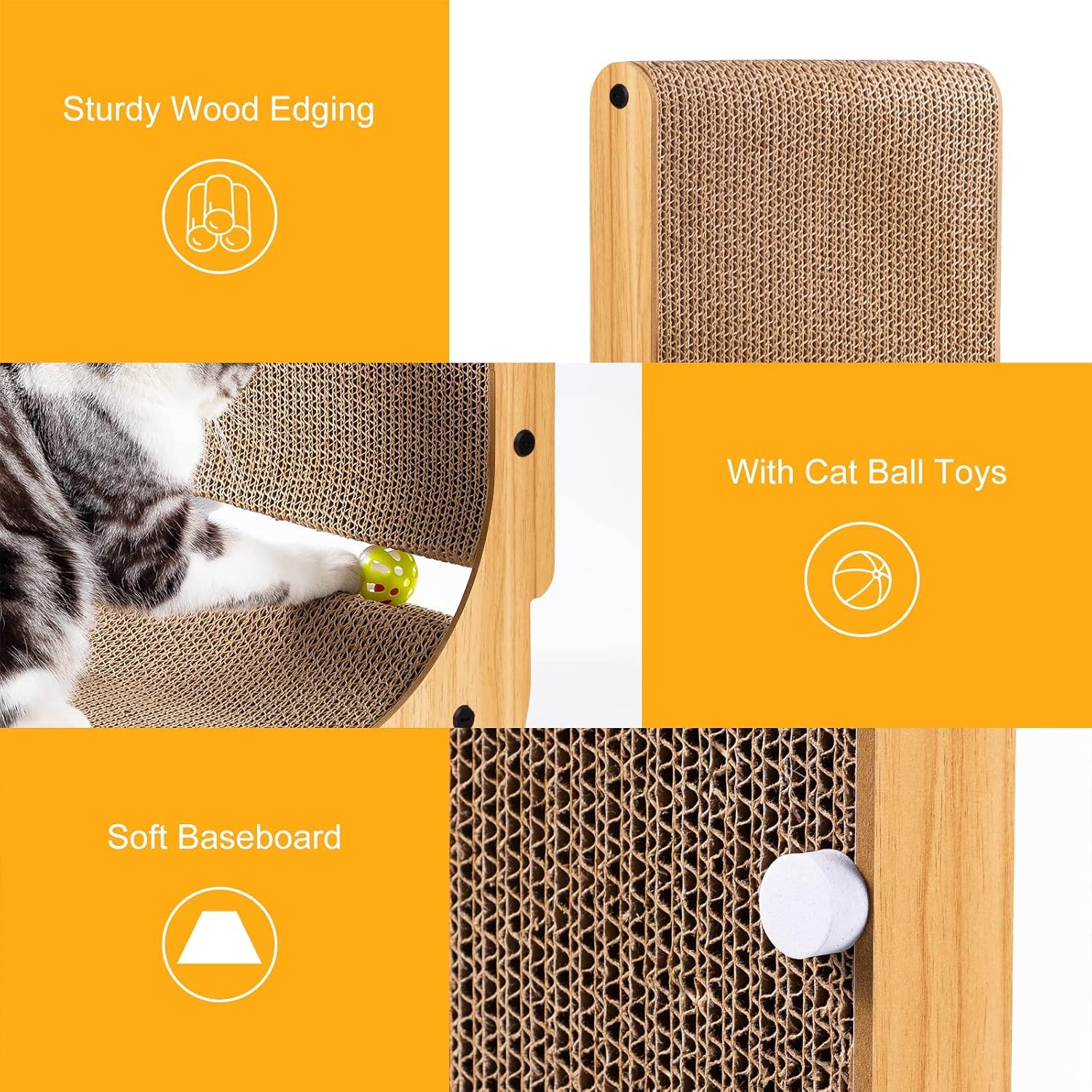 Poils bebe L-shape scratcher in-use with cat enjoying play