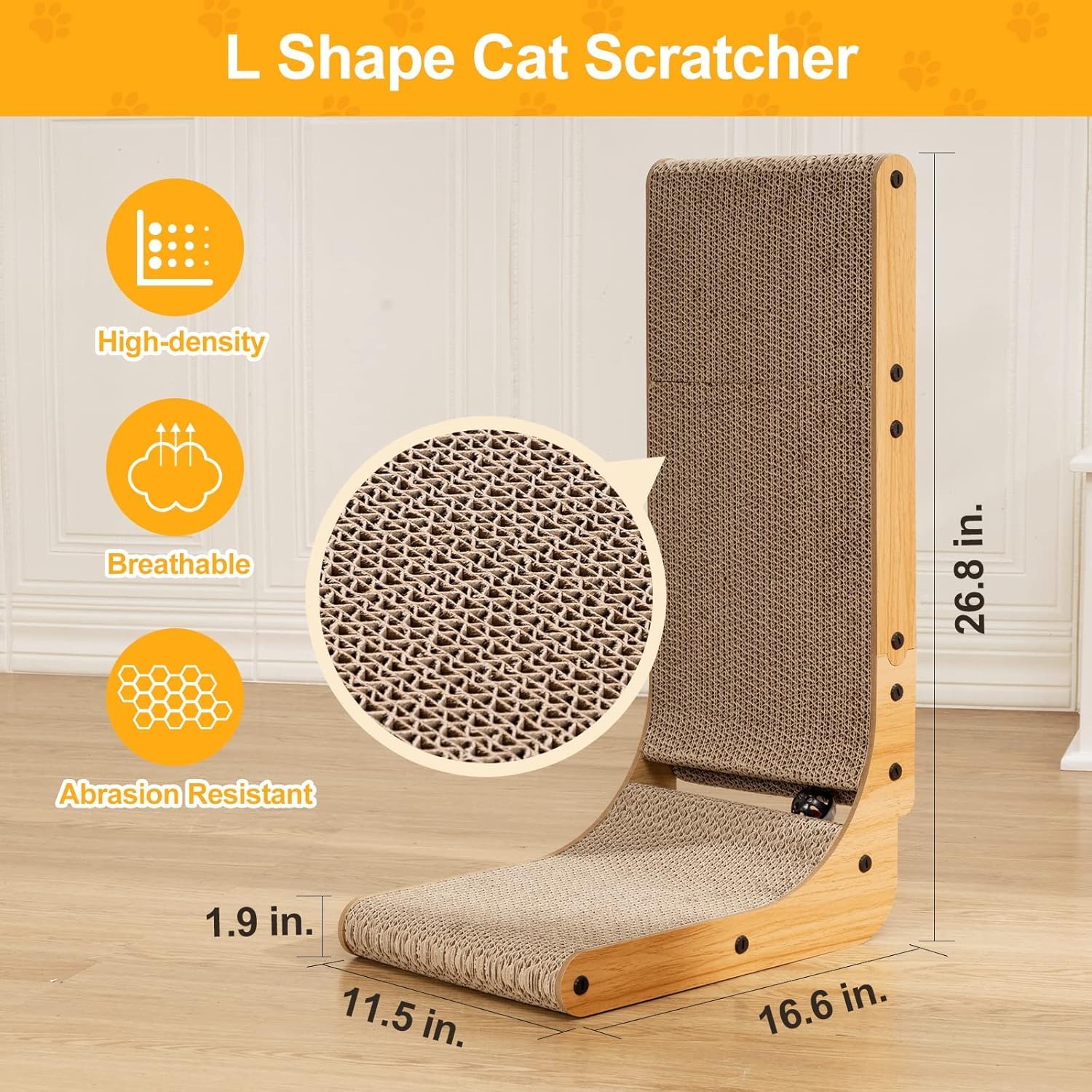 Poils bebe L-shape scratcher side view highlighting 1.9 inch thick durable surface