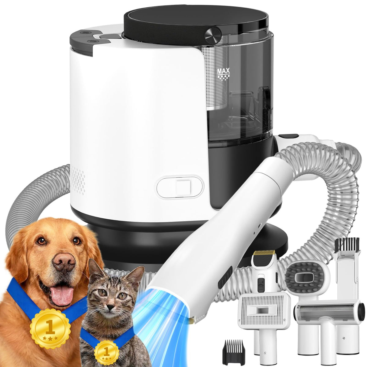 Poit dog grooming vacuum front view shows compact, quiet home grooming setup.