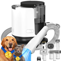Poit dog grooming vacuum front view shows compact, quiet home grooming setup.