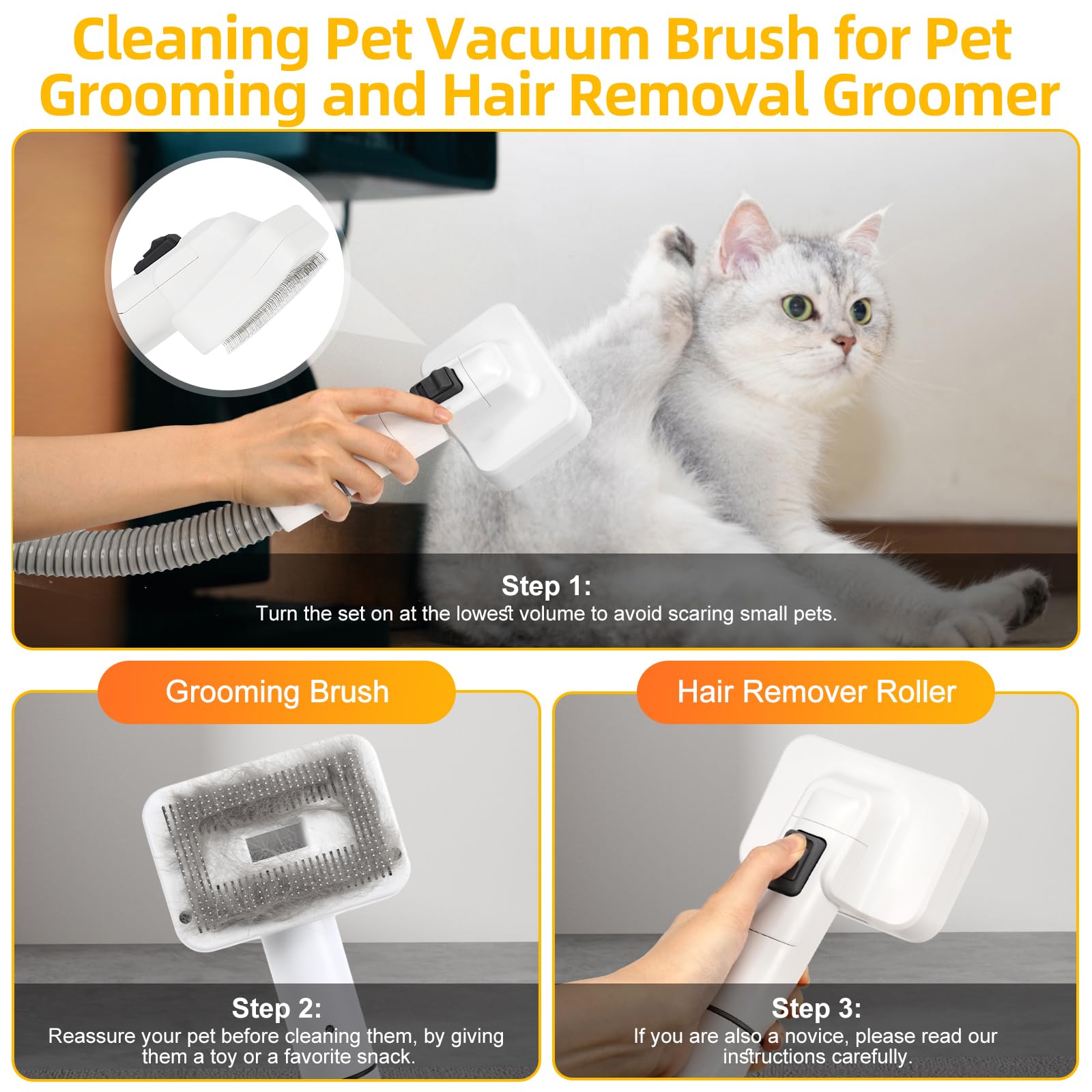 Poit dog grooming vacuum operates at 45db for calm grooming sessions.