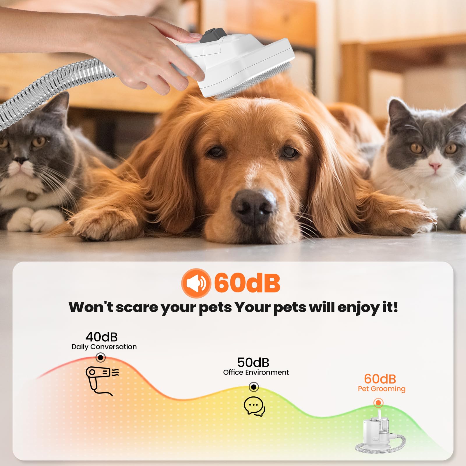 Poit dog grooming vacuum operates quietly to keep pets calm.