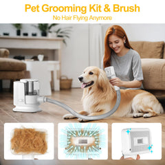 Poit dog grooming vacuum in action capturing fur during grooming session.