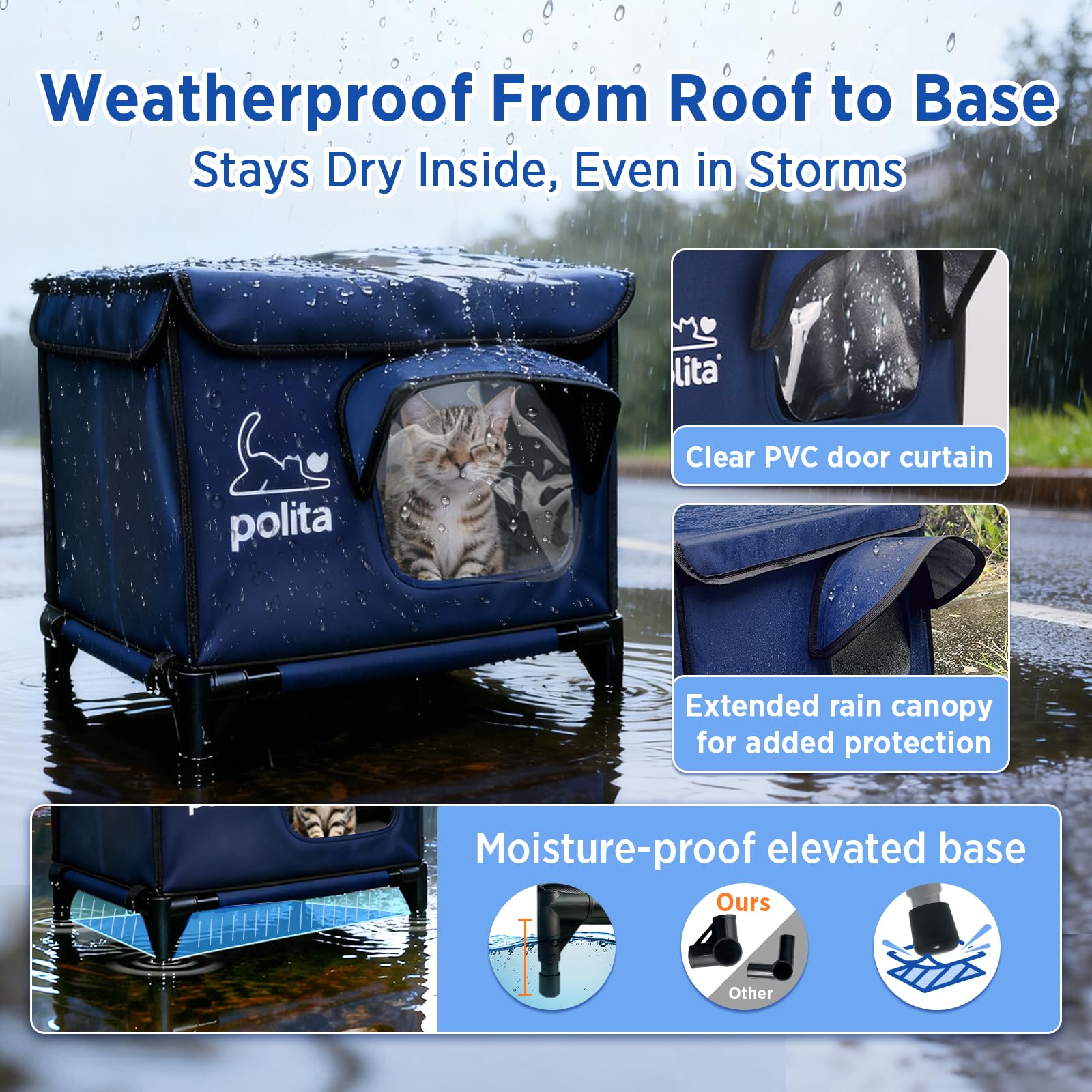 Polita rugged heated cat house elevated-base emphasizes 5-inch height to keep dry.