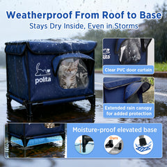 Polita rugged heated cat house elevated-base emphasizes 5-inch height to keep dry.