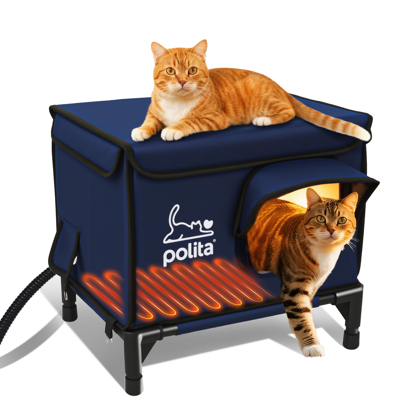 Polita rugged heated cat house exterior view shows weatherproof shelter for outdoor cats.