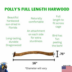 Polly's hardwood perch with dragon wood texture showing natural bark for chewing.