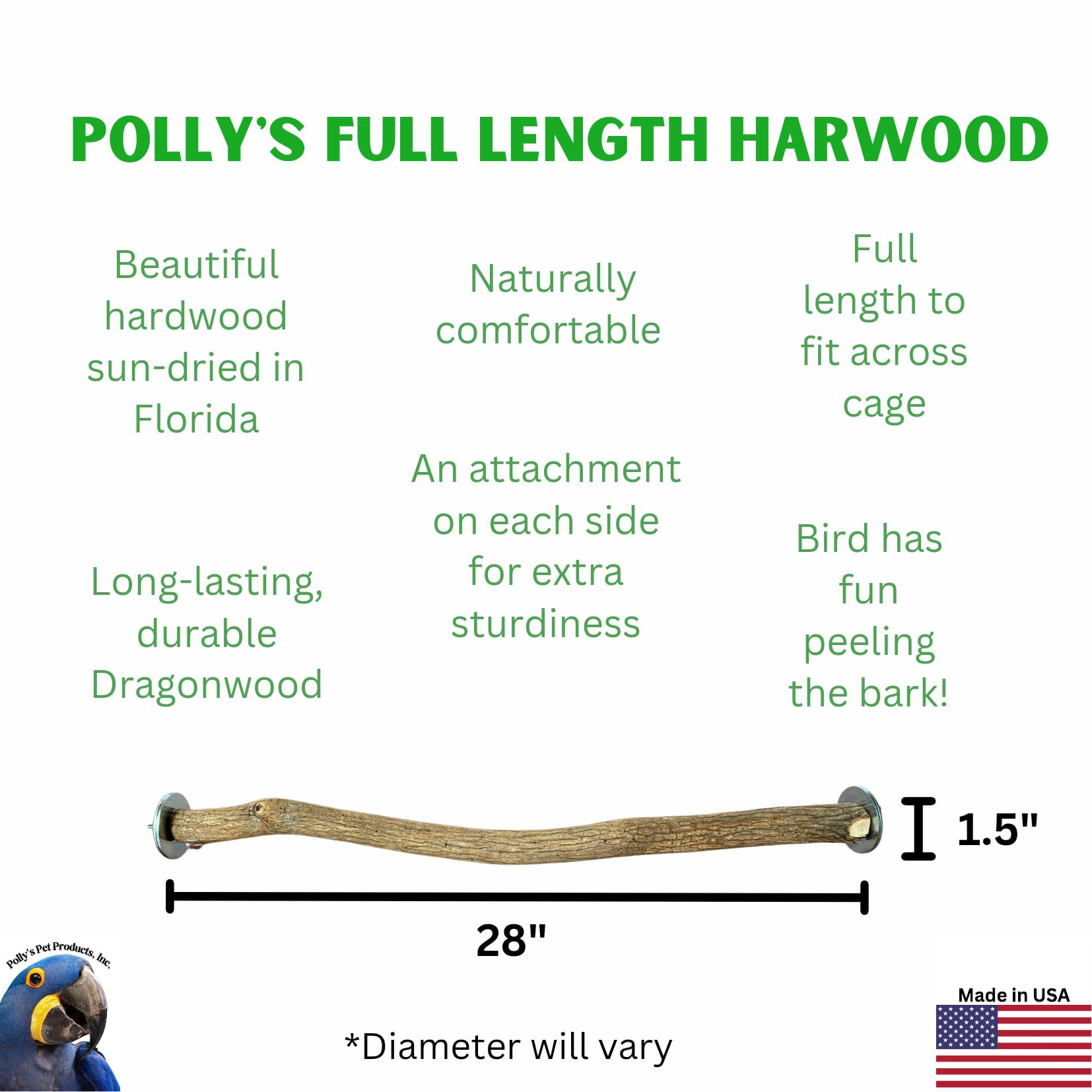 Polly's perch with double-end mounting plates for secure installation