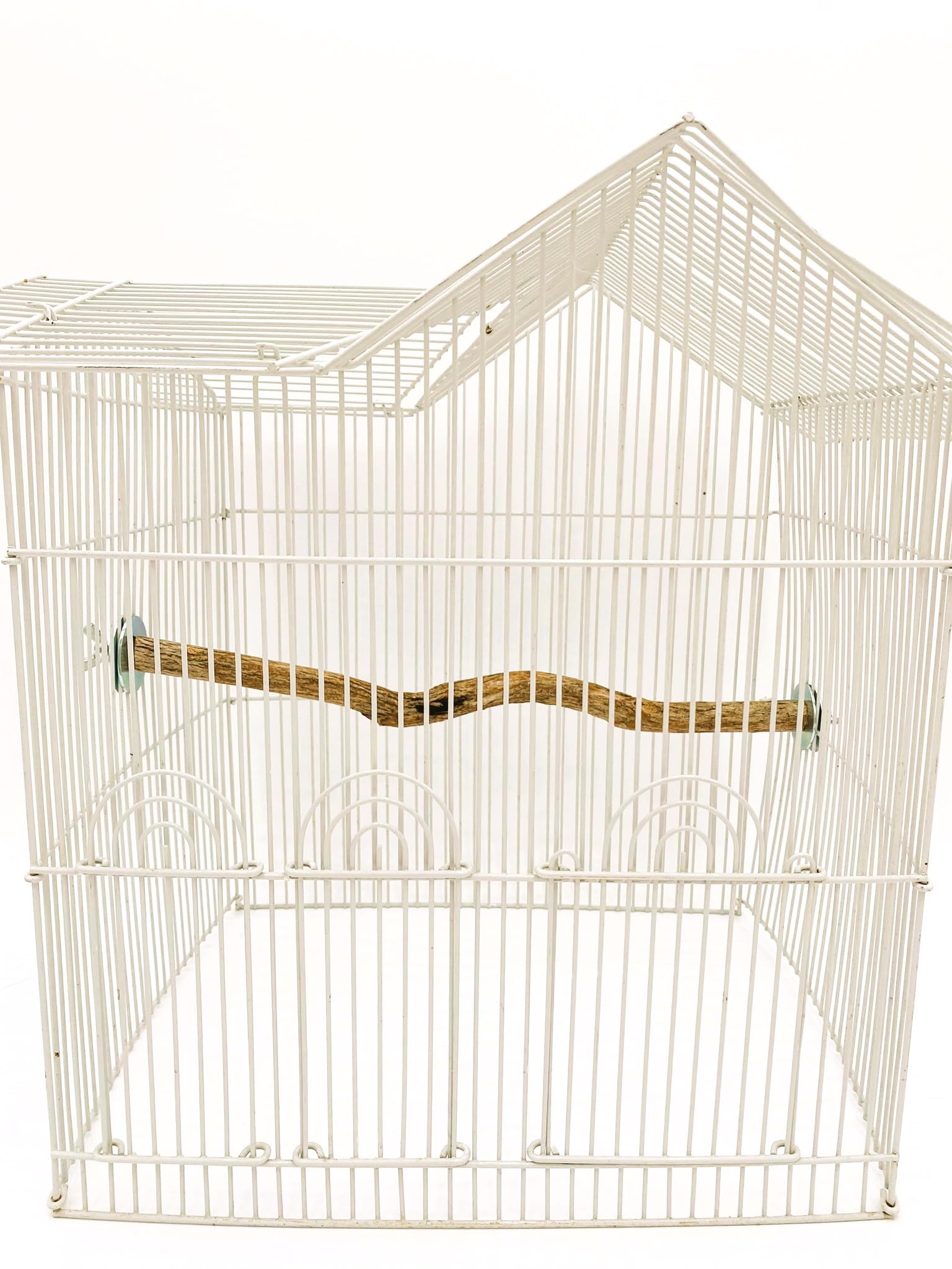 Polly's perch with double-end mount plates for secure cage attachment.
