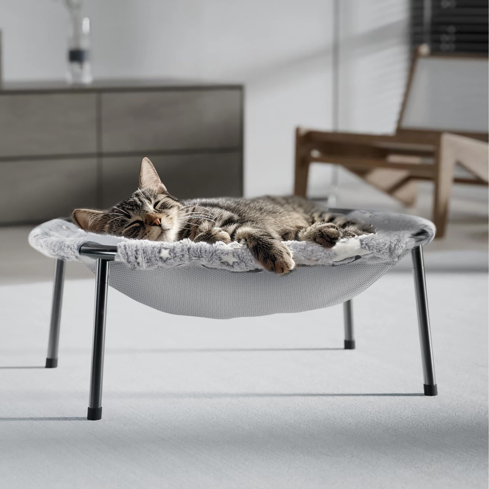 POMESEA Elevated Cat Bed showcases dual-sided comfort for year-round lounging.