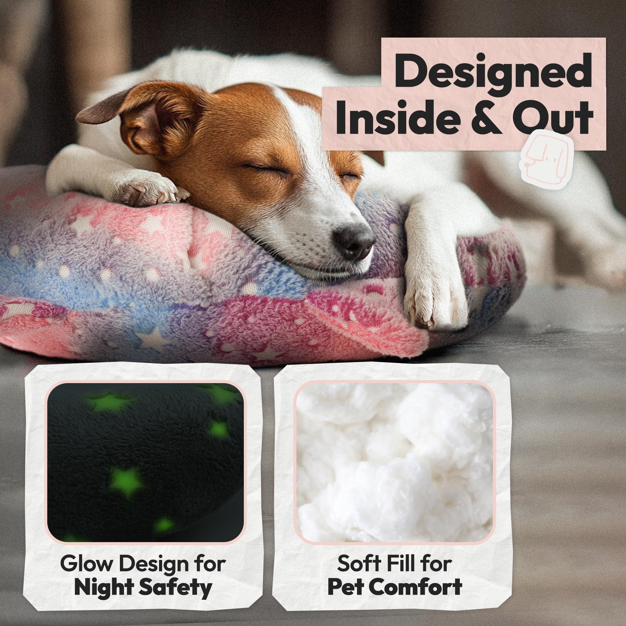 POMESEA glow-in-dark feature showcased on dog pillow during low light
