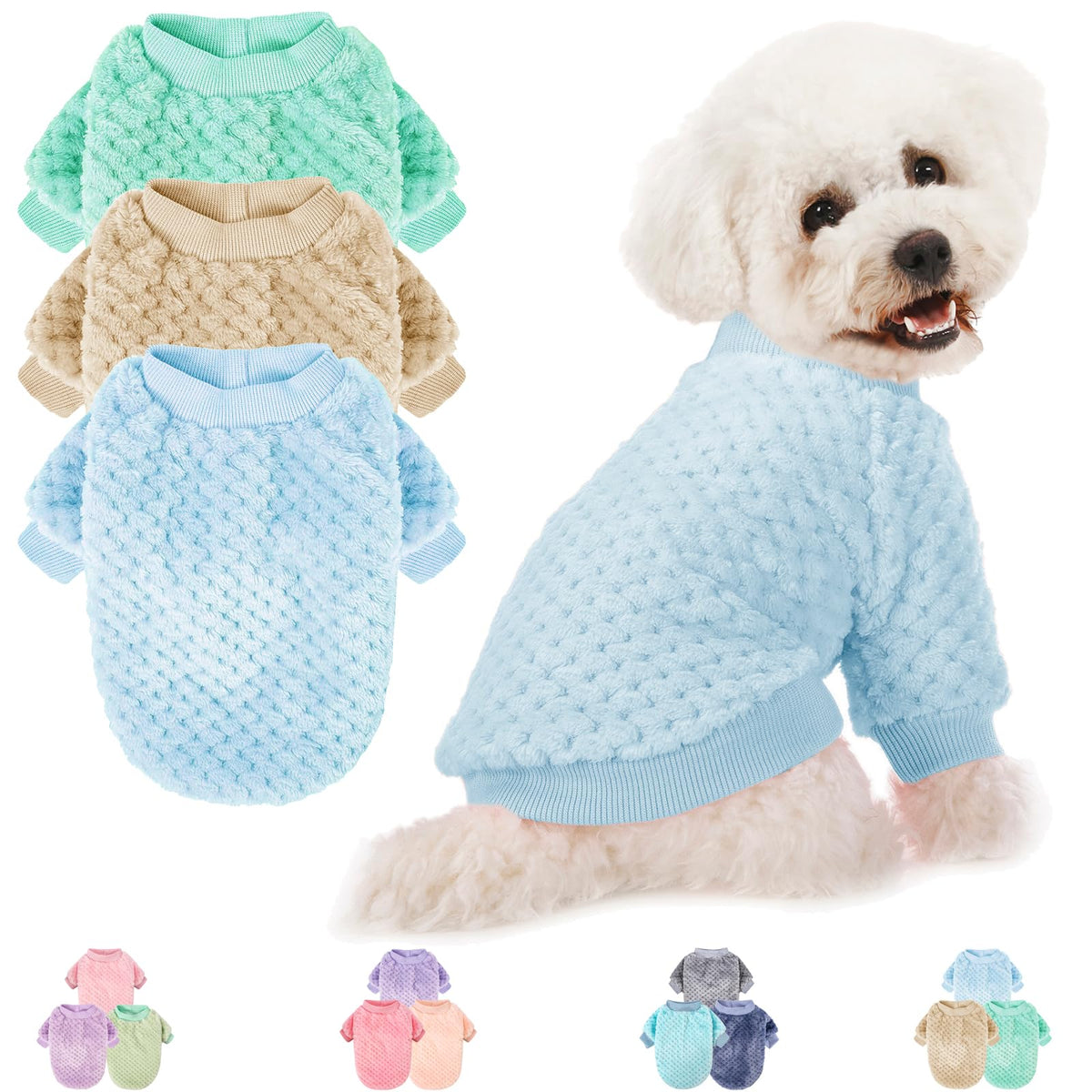 POMIU dog sweater in ice blue showing cozy warmth for small dogs