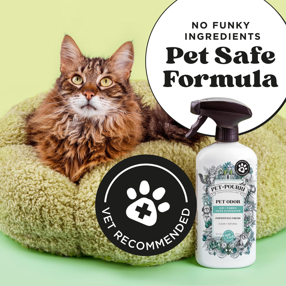 Poo-Pourri Pawsitively Fresh bedding refresh near a pet bed.
