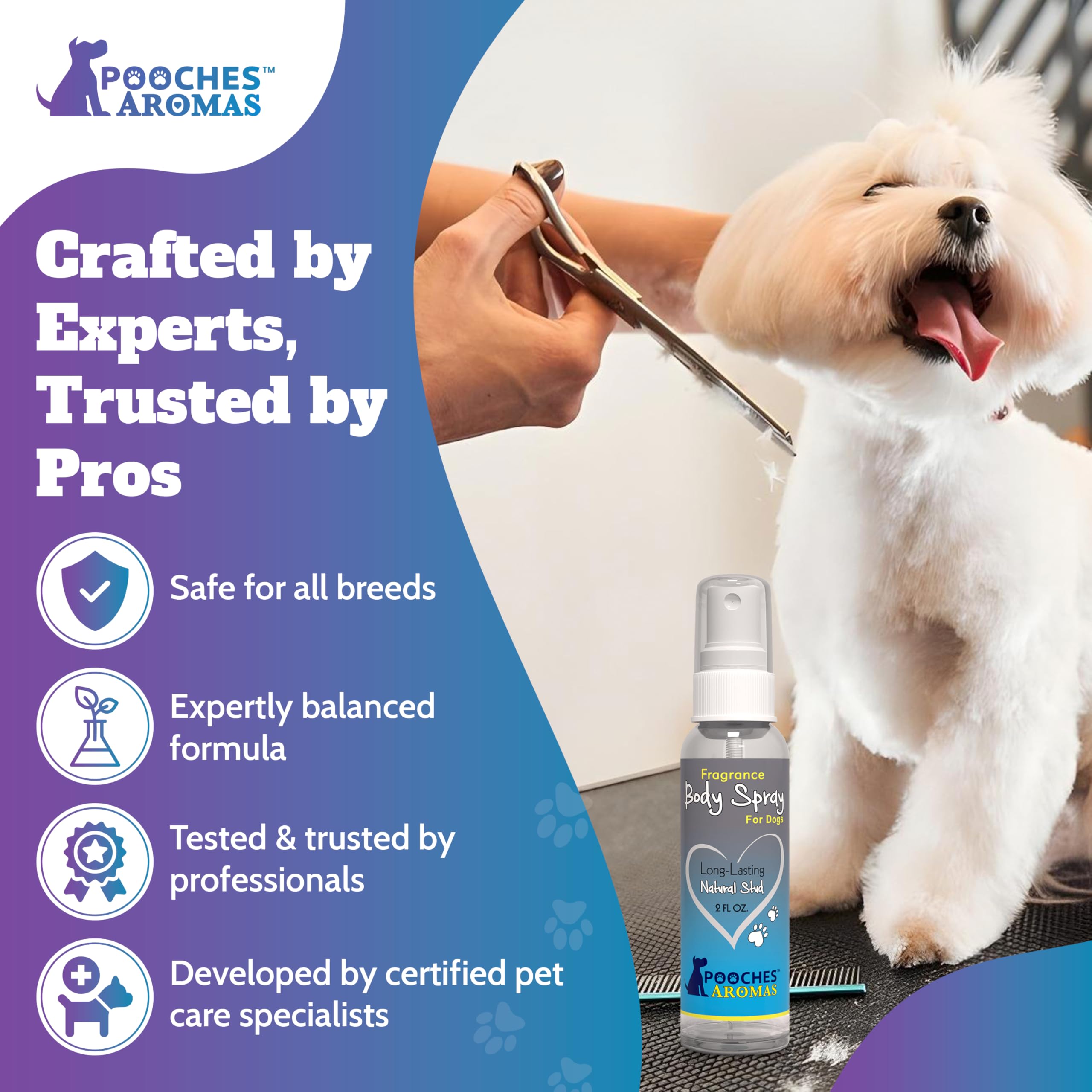 Pooches Aromas Flirty Floral emphasizes versatile scent for daily wear and cuddles.