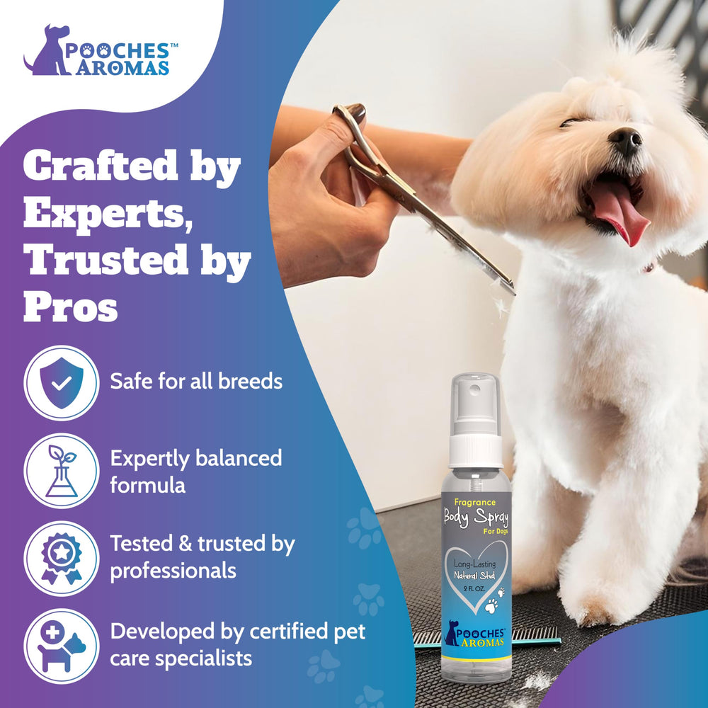 Pooches Aromas Flirty Floral emphasizes versatile scent for daily wear and cuddles.
