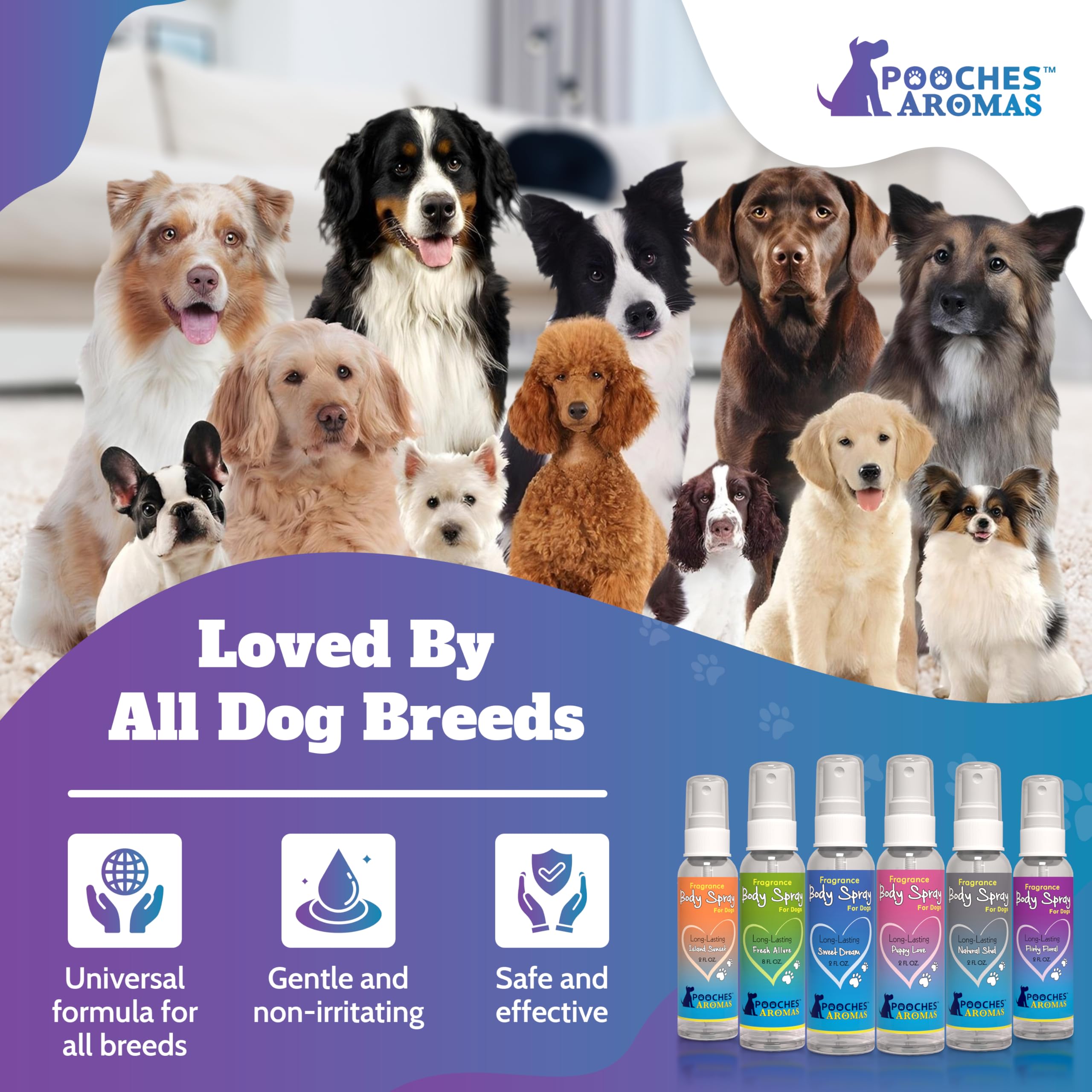 Pooches Aromas Fresh Allure highlights odor elimination and coat conditioning.
