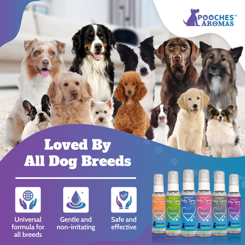 Pooches Aromas Fresh Allure highlights odor elimination and coat conditioning.