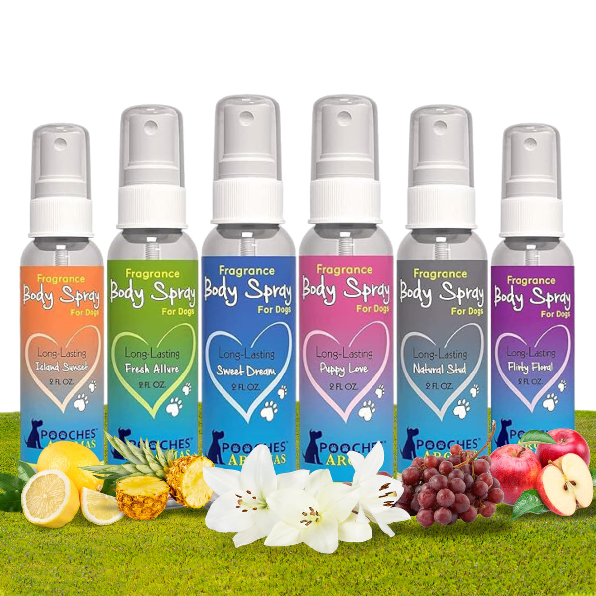 Pooches Aromas Island Sunset dog cologne bottle provides long-lasting refresh between baths.