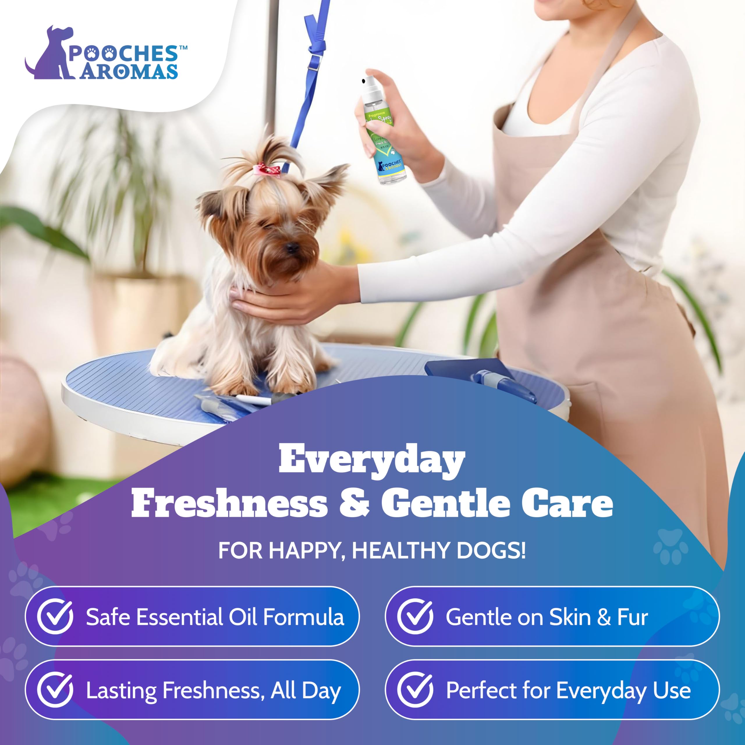 Pooches Aromas Natural Stud bottle showcases salon-quality grooming between baths.