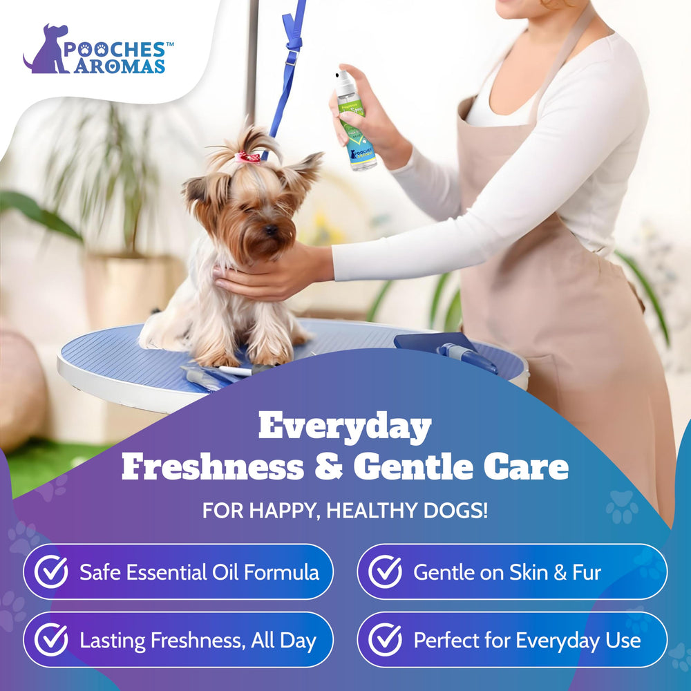 Pooches Aromas Natural Stud bottle showcases salon-quality grooming between baths.
