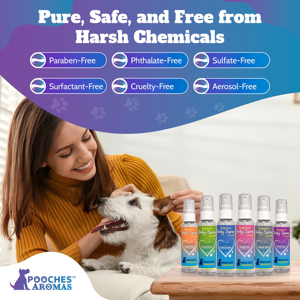 Pooches Aromas Silky Coat Spray aids detangling for a soft, non-greasy feel.