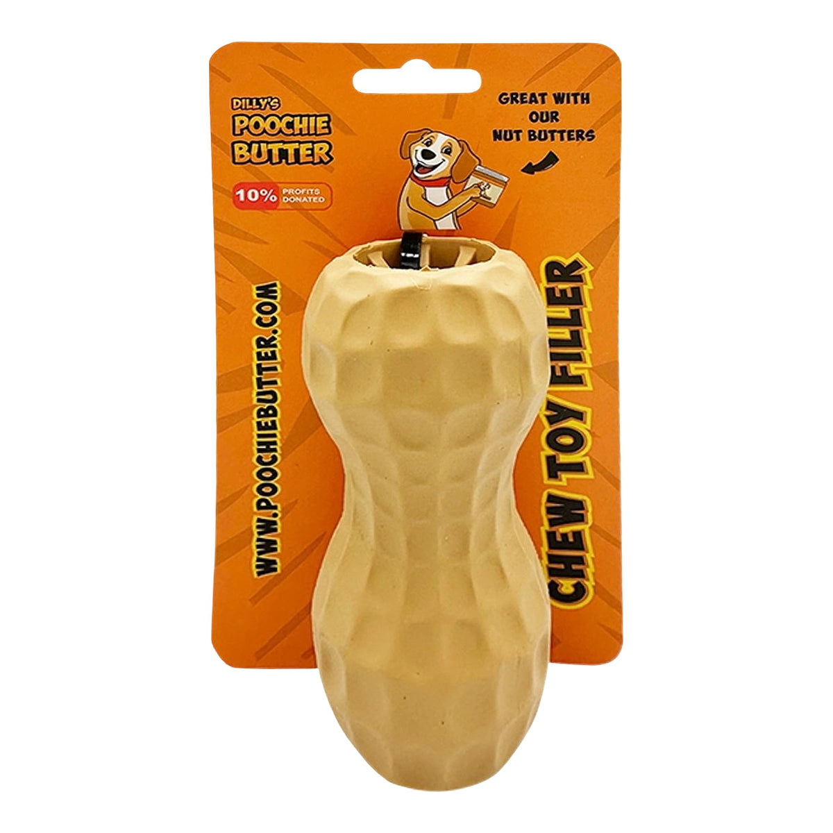 Poochie Butter durable chew toy close-up demonstrates robust rubber for aggressive chewers.