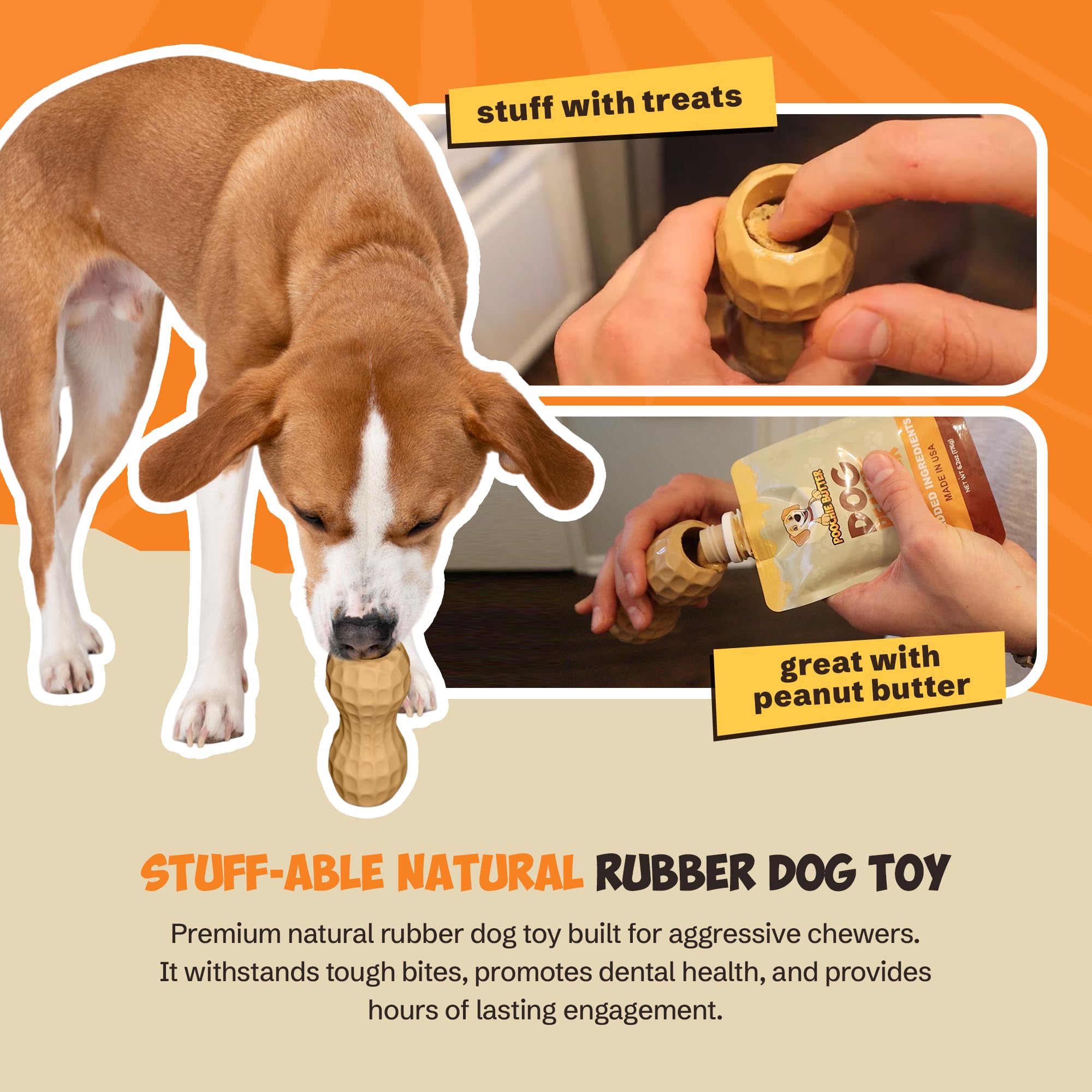 Poochie Butter medium dog toy highlights secure grip and gentle bounce for control.