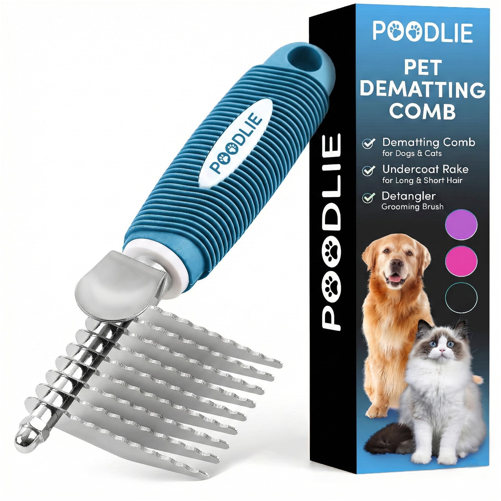 POODLIE Poodle Dematting Fur Rake comb close-up showing gentle detangling for dogs and cats.
