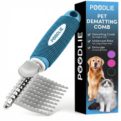 POODLIE Poodle Dematting Fur Rake comb close-up showing gentle detangling for dogs and cats.