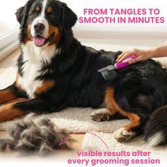 POODLIE dematting rake with ergonomic handle for comfort on wet or dry fur.