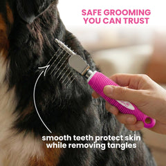 POODLIE rake used on a matted coat showing detangling action.