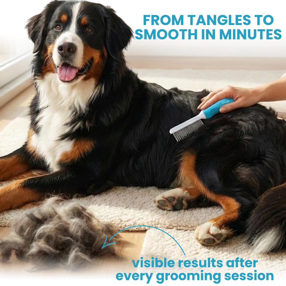 POODLIE Stainless steel teeth deliver durable detangling for dogs and cats.