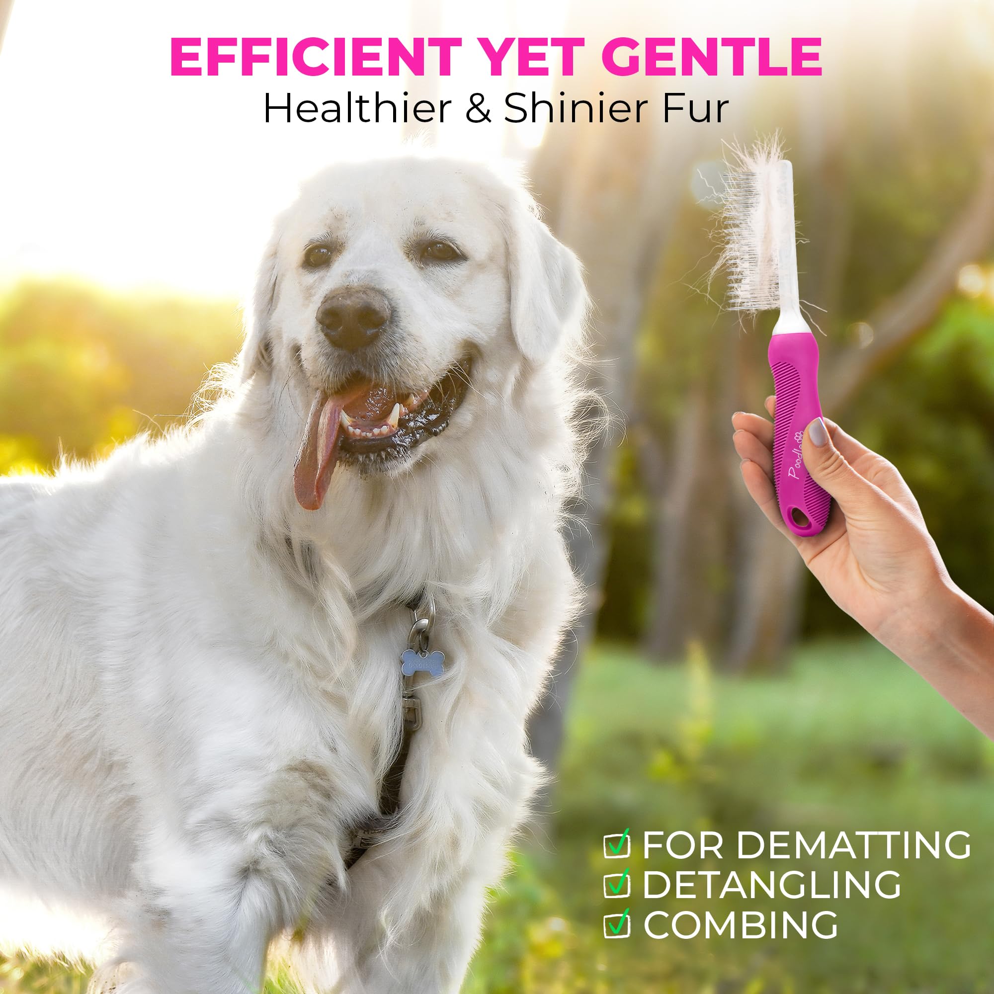 POODLIE pink detangler shown on shelf packaging for home grooming