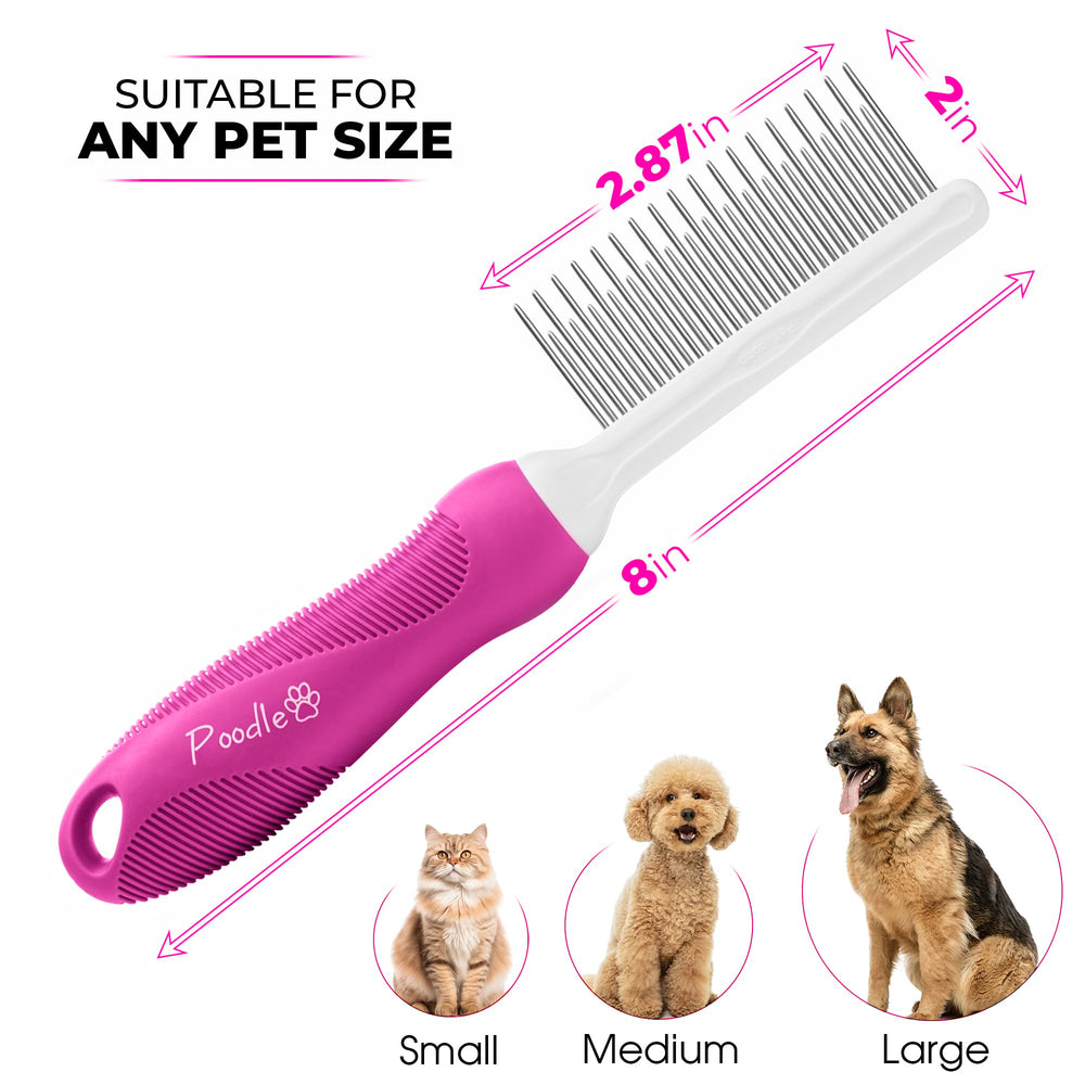 POODLIE pink-handled detangler in use for gentle pet grooming