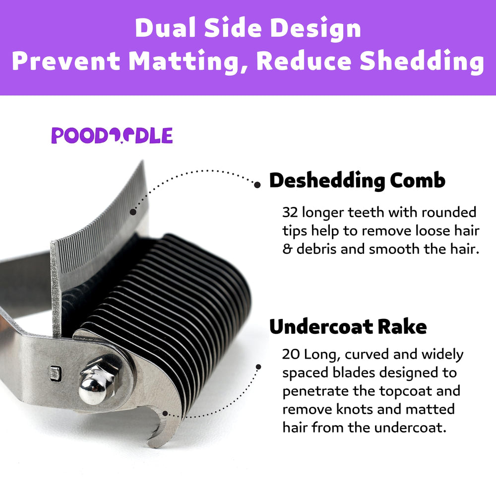Poodoodle 2in1 Undercoat Rake in use on dog reduces shedding.