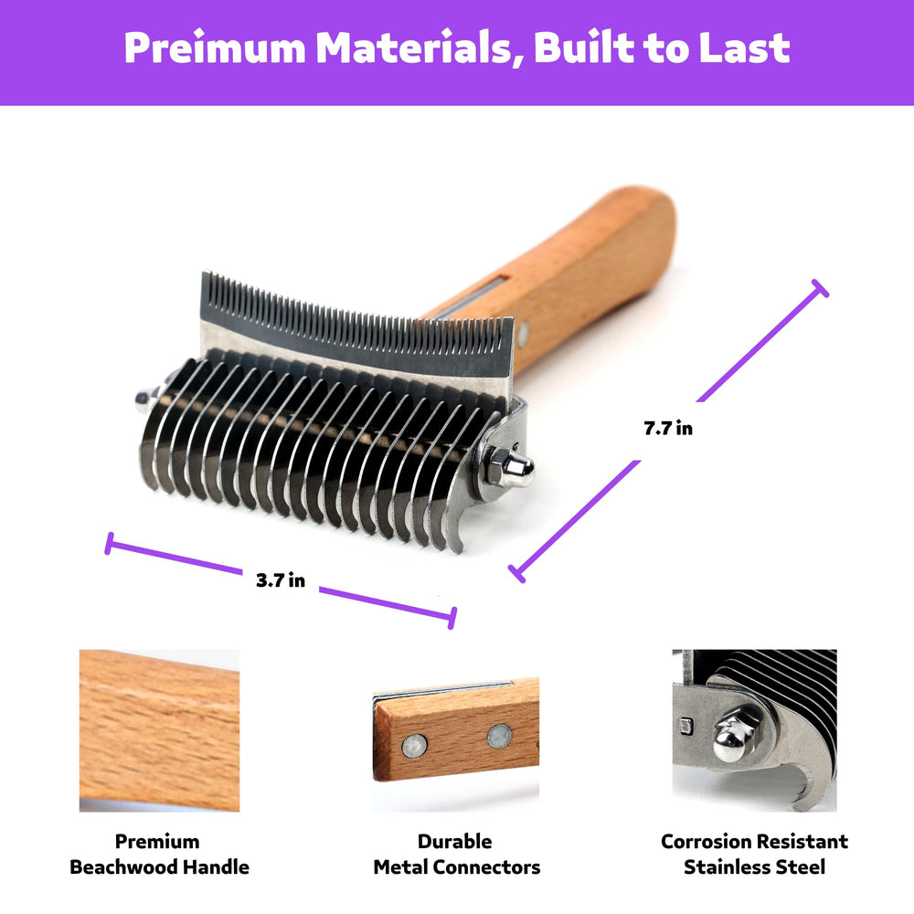 Poodoodle 2in1 Undercoat Rake stainless steel teeth close-up for durability.
