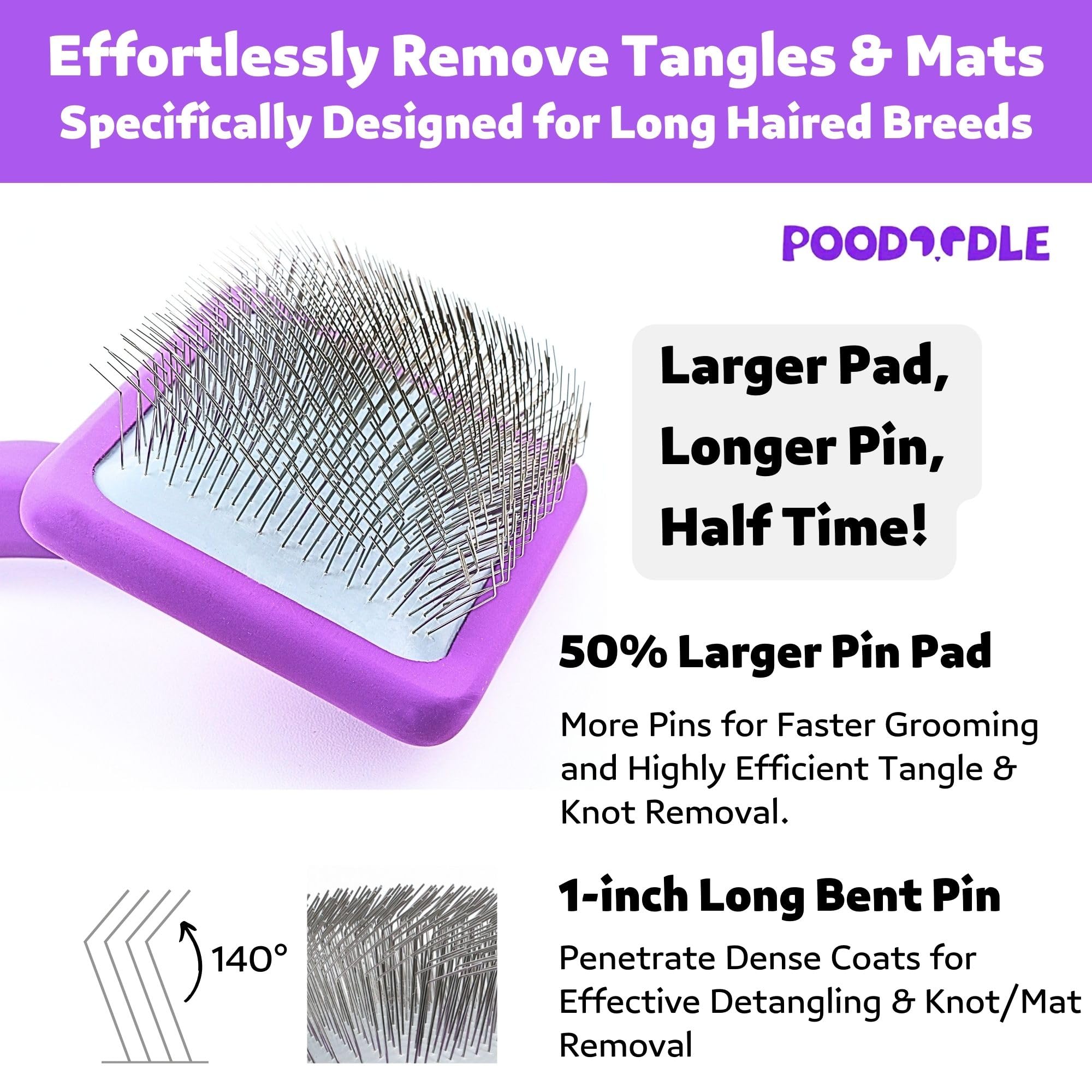 Poodoodle purple pad air cushion provides soothing massage during brushing.