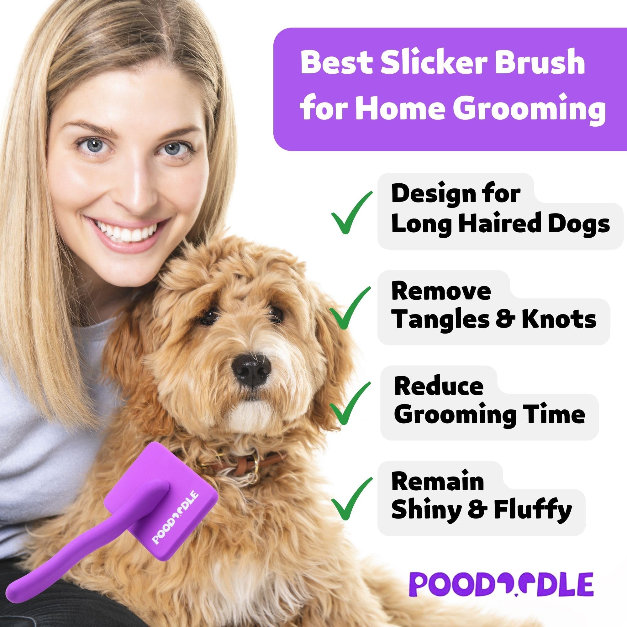 Poodoodle purple close-up pins show gentle detangling action on coats.