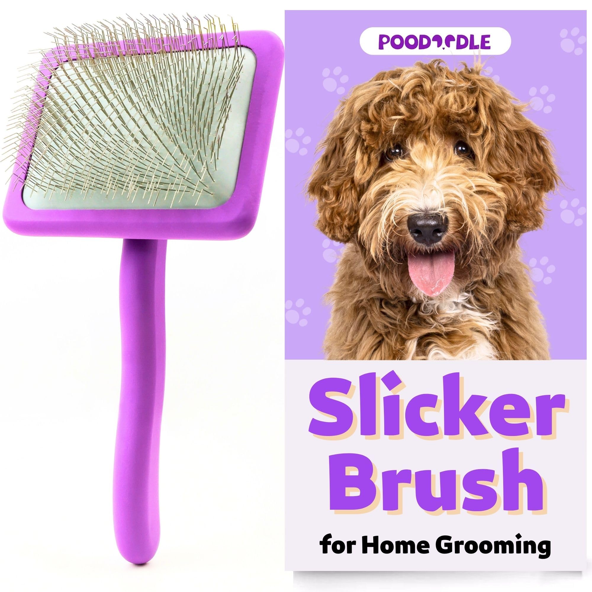 Poodoodle Small Slicker Brush purple front view for easy at-home grooming.