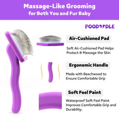 Poodoodle slicker brush in action cushions pins for calmer grooming session.